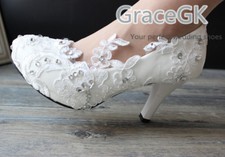Handmade Women Embroidery White Ivory Lace Floral Bridal Wedding High Heel Shoe 