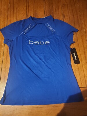 NWT BEBE CRYSTAL RHINESTONE LOGO PEEK-A-BOO FRONT BLUE RAYON TOP SURF THE WEB