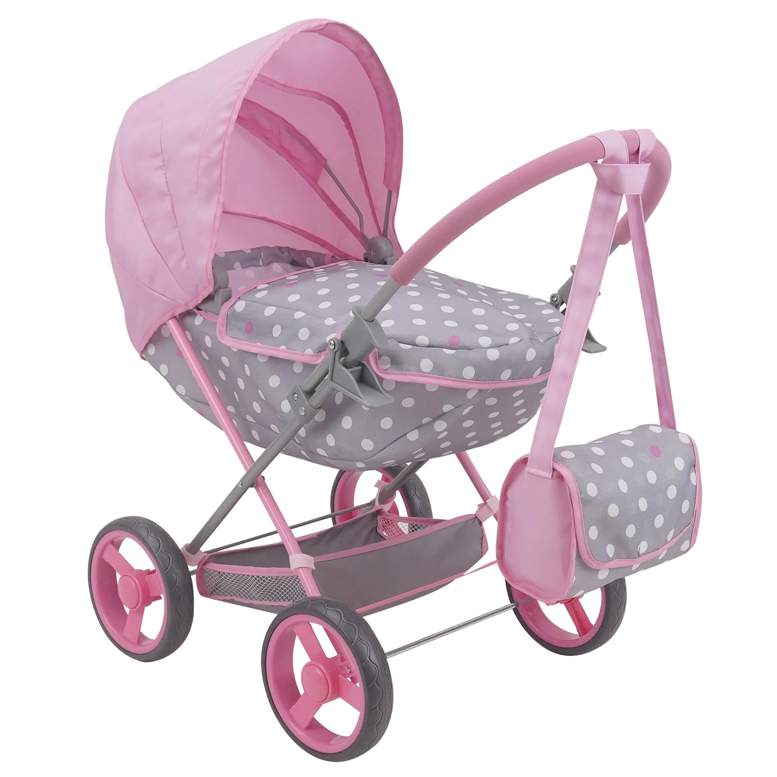 Crew: Cotton Candy Pink: Doll Deluxe Pram - Pink, Grey, Polka Dot - W/Matchin...