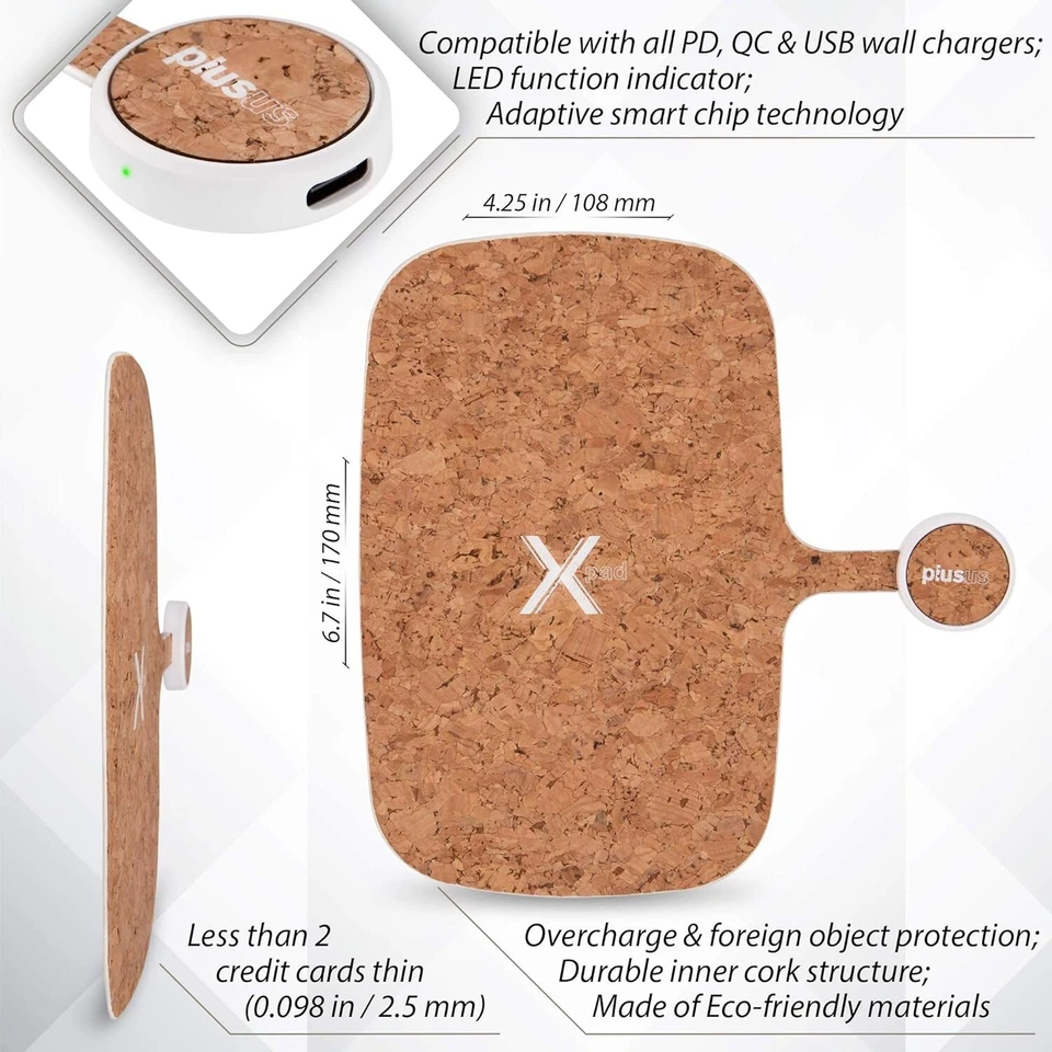 PlusUs Xpad Qi Wireless Fast Charger, Kabelloses Ladepad - Umweltfreundlicher Kork - Bild 4 von 4