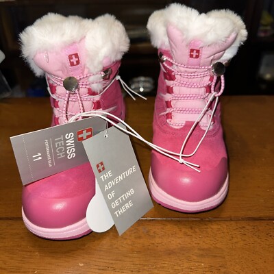 New Swiss Tech Girl's Winter Boots Faux Fur Trim Pink  Size 11