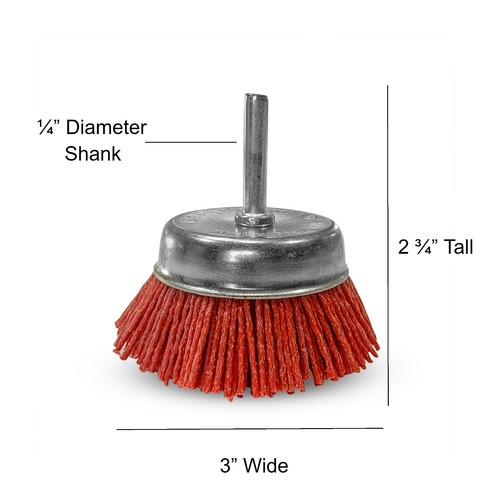 Spazzola 3" Nylon Fine Coppa 1/4" Gambo Grosso Confezione da 3 Spazzola Trapano Rosso Filo Abrasivo - Foto 2 di 7