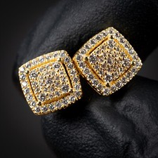 Yellow Gold 925 Sterling Silver Hip Hop 3D Cube Square Cluster Stud Earrings
