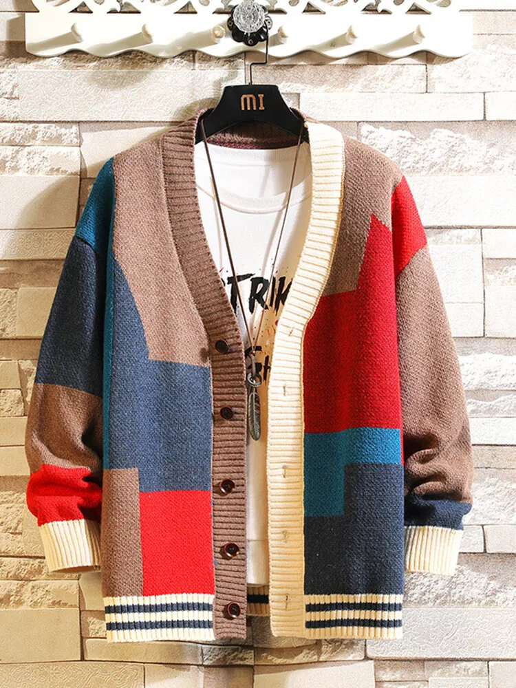 Mens Teens Designer V Neck Patchwork Jumper Cardigan Cashmere Sweater Loose Fit