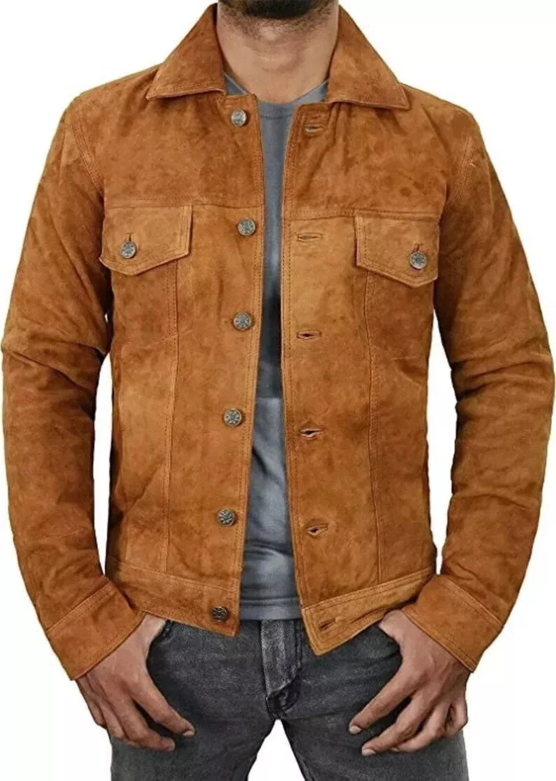 Tan Suede Western Jacket Men's Cowboy Style Vintage Brown Leather Trucker