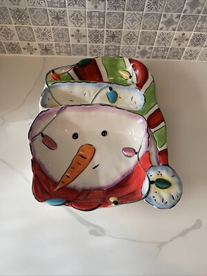 Clay Art Snowman w/Carrot Nose Colored Lights Ceramic Candy Trinket Dish X-mas