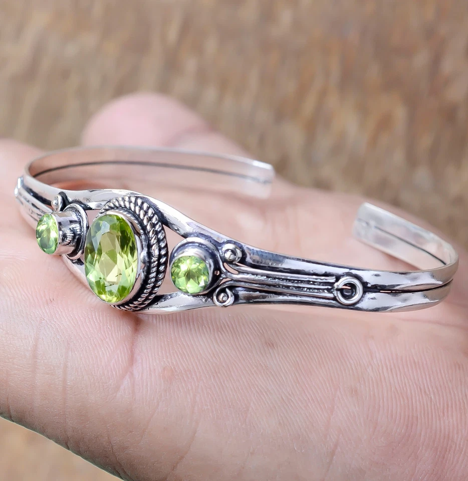Faceted Peridot Gemstone Bracelet 925 Sterling Silver Handmade Gifted Man's Cuff - Image 3 of 4