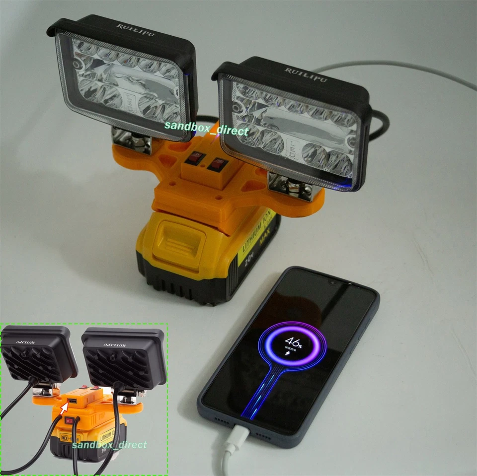 Luz de trabajo LED adecuada para batería de iones de litio Dewalt 20V MAX XR DCB205 5600LM 2 cabezales Foto 4 de 4