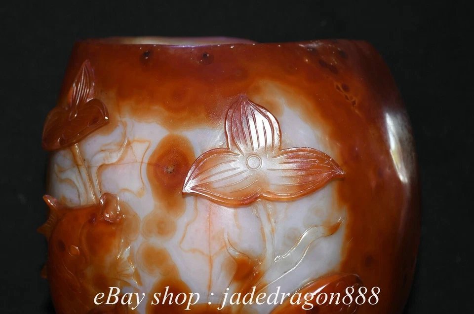 9.2" Marca China Rojo Blanco Ágata Talla Peces Flor de Loto Pluma Contenedor Maceta Foto 2 de 4