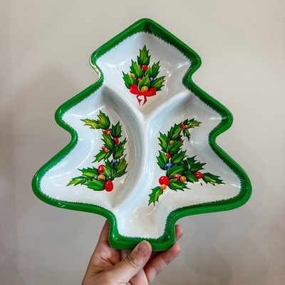 VTG 90s Christmas Tree Holiday Plastic Serving Tray Divided Platter 12  Veggies