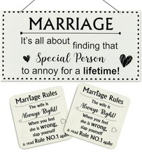 Wooden Marriage Plaque - Wedding Sign with 4 Rules Coasters for Bridesmaids
