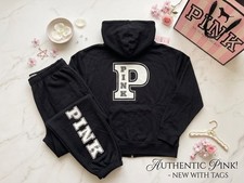 L NWT VICTORIA SECRET PINK Black Ivy Fleece Campus Full Zip Hoodie Sweatpants