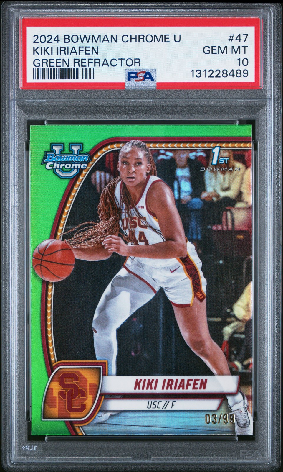 2024 BOWMAN CHROME UNIVERSITY GREEN REFRACTOR #47 KIKI IRIAFEN 3/99 PSA 10