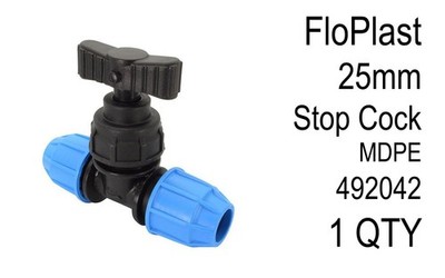 FloPlast Kunststoff Absperrhahn 25mm MDPE Band Netz Wasser Klemmverschraubung 492042