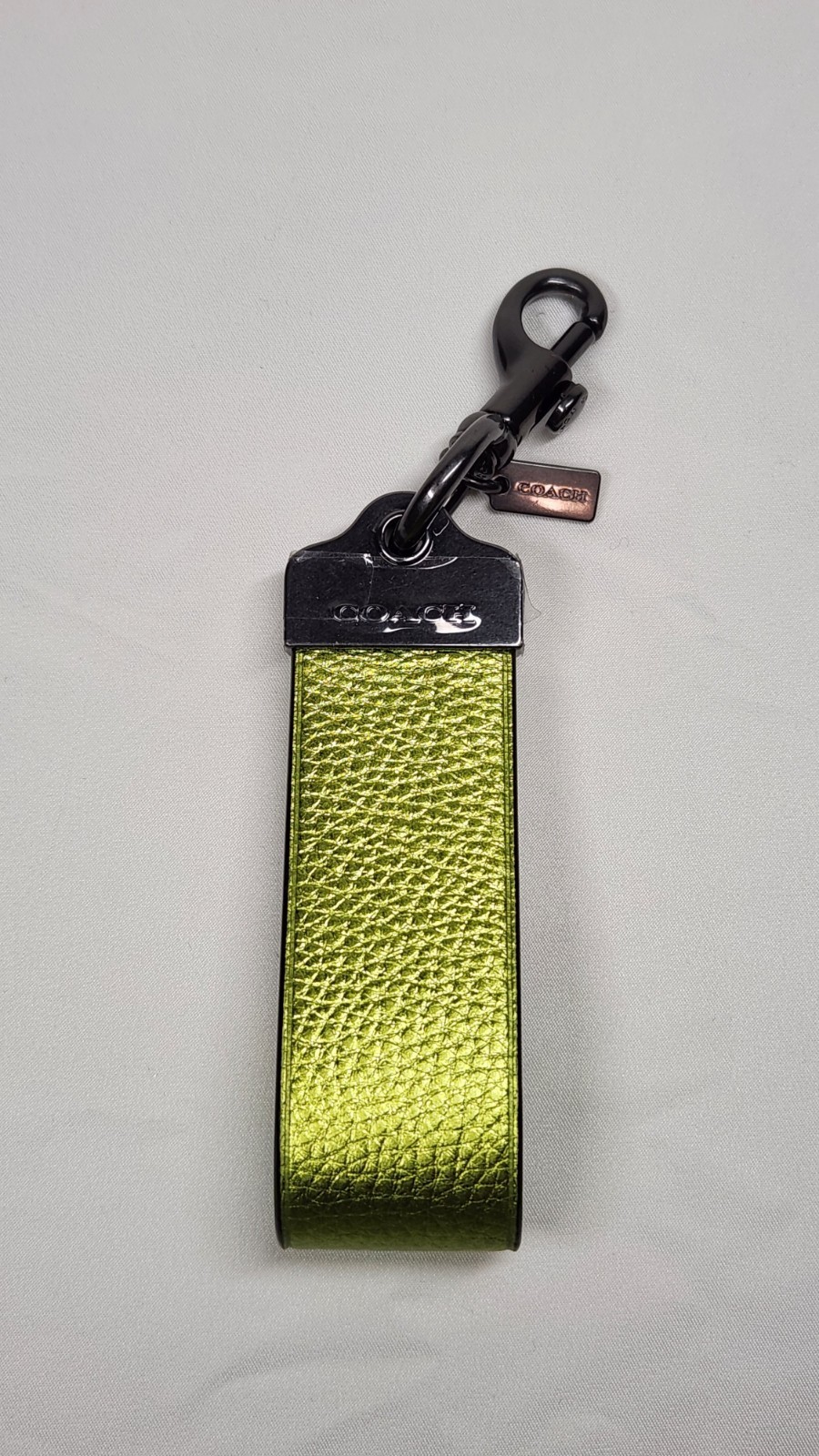 NWT COACH Large Loop Key Fob In Metallic Green Leather/ Gunmetal