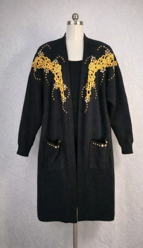 Vtg Black Long Knit Duster Open Cardigan Sweater Foil Embroidered Rhinestone USA