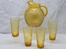 Vintage ANCHOR HOCKING MILANO GOLD Pitcher And Iced Tea Glasses - 5 Piece Set