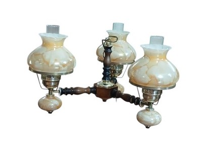Vintage Chandelier Hurricane Lamp 3 Arm Wood Spindle Marbled Glass Shades