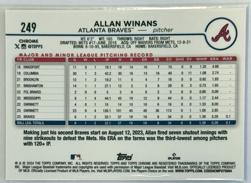 2024 Topps Chrome - Allan Winans #249 (RC) - Foto 2 di 2