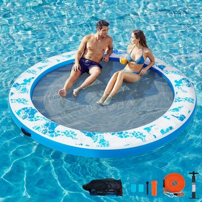 8FT Round Inflatable Floating Dock Woven Deck Pump 2-8 Adults, Blue Crackle