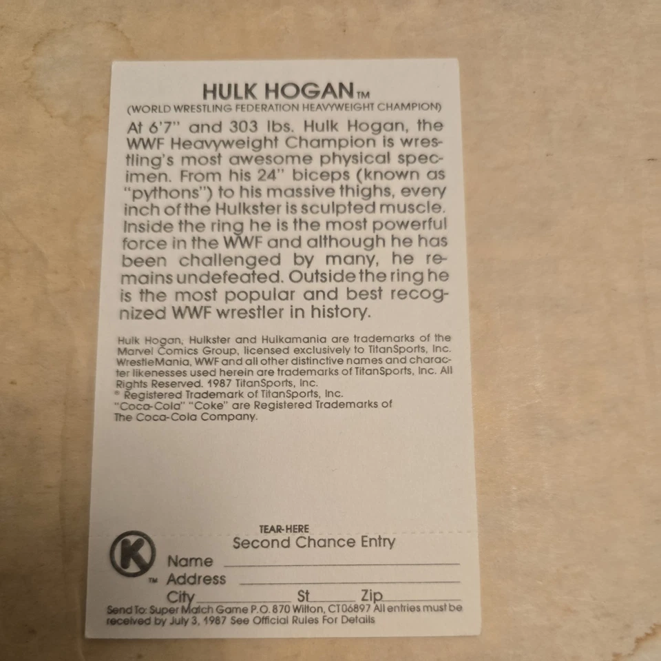 1987 CIRCLE K/COCA-COLA WWF CARTÕES SUPERMATCH #1 HULK HOGAN HOF COM TAB - Imagem 4 de 4