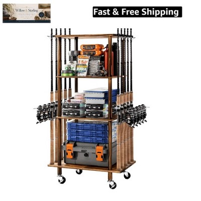 Fishing Rod Holders Fishing Pole Rack for Garage Hold up to 10 Rods Wooden Fi...