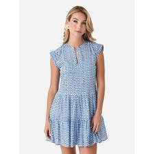 Oliphant Blue & White Notch-Neck Tiered Sundress - 100% Cotton