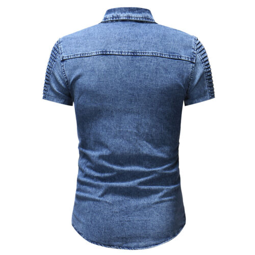 Camicie denim da uomo cotone lavato jeans casual maniche corte camicie blu US XXL - Foto 3 di 5