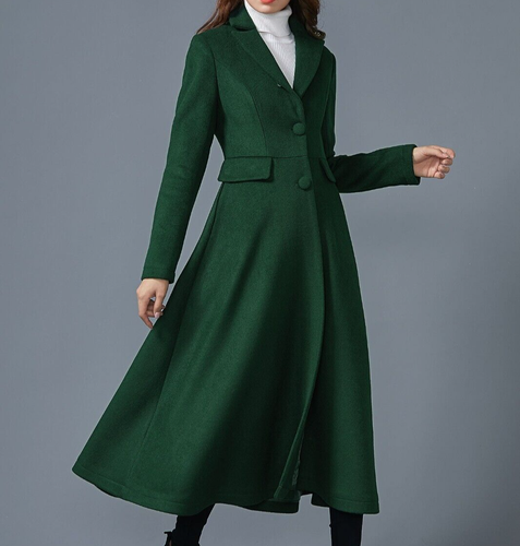 Dark green coat, long wool coat, ladies 