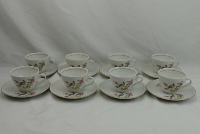 Kahla GDR East Germany Birds Flowers Gold Trim Demi Cups Set 8  