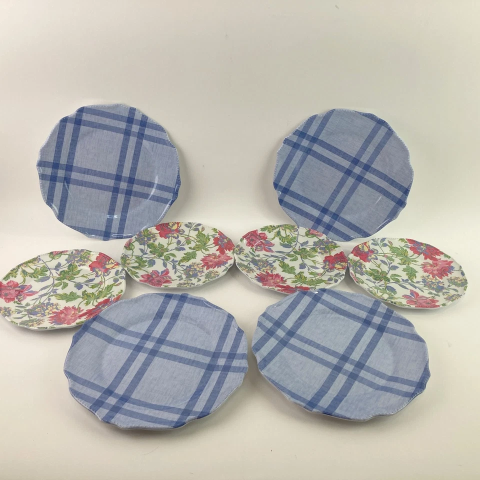 Set of 8 April Cornell Melamine Plates Blue Plaid Pink Floral Dinner Luncheon - Image 2 of 4