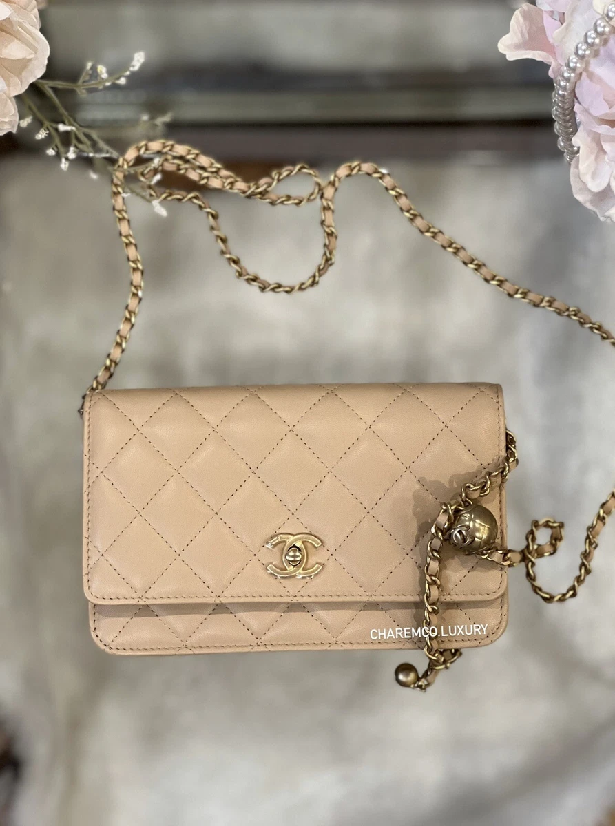 NWT🤎 CHANEL 22C NG121 Beige Gold Ball Pearl Crush Wallet On Chain