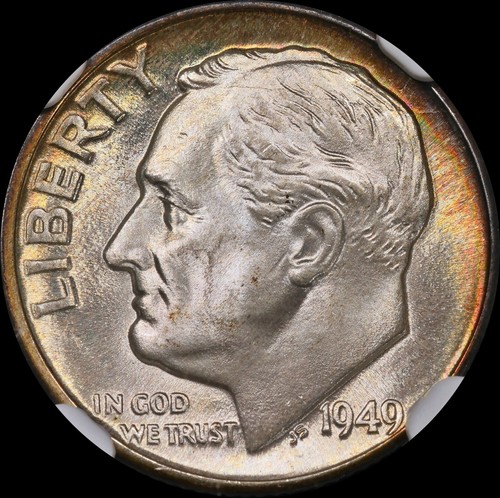 Toned 1949-D Roosevelt Dime NGC MS67 - Foto 1 di 3