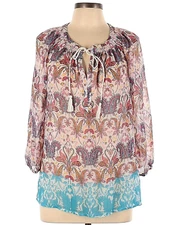 DR2 Daniel Rainn Boho Blouse Sheer Paisley Peasant Top Tassel Tie L Blue Pink