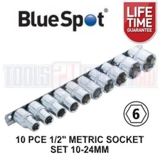 Bluespot 10 PCE 1/2" DR Metric Socket Set On Storage Rail 10 - 24mm 6 Point