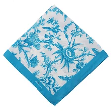 Kiton Napoli Turquoise Blue Victorian Floral Print Silk Pocket Square