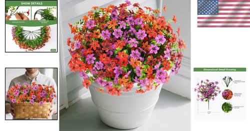Artificial Flowers for Outdoors, 12 Bundles Fake Outdoor Flowers Faux Plants, UV - Picture 2 of 8
