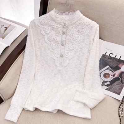 Damen Blumen Spitze Shirt Thermo Puppe Kragen Tops Langarm Lolita Bluse
