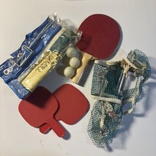 Vintage Ping Pong Table Tennis Plastic Wood Paddles Set w/ Net Balls Brackets