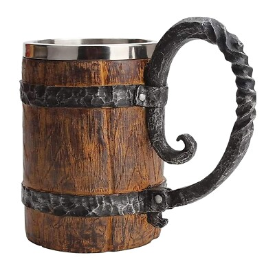 #ad Wooden Barrel Beer Mug Large Viking Cup Wood Style Beer Stein with Handle D... $34.23