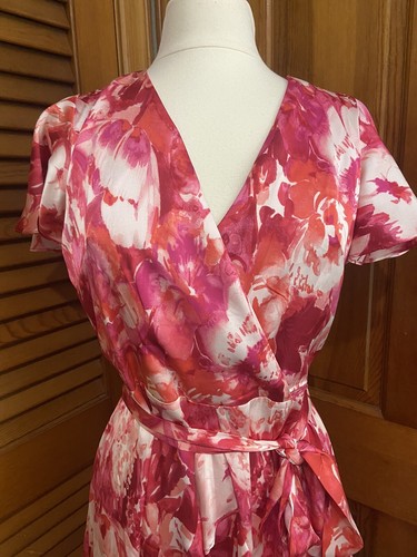 Neu ohne Etikett Nicole Miller Blumen Satin Faux Wickelkleid 10 L Flatterärmel V-Ausschnitt - Bild 3 von 14