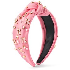 Pink Bow Knotted Headband - Coquette Pink Bow Crystal Rhinestone Pearl Embell...