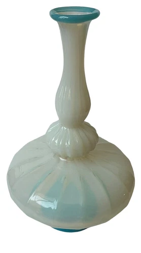 Vintage Venetian Murano Blue Opalescent Italian Art Glass Pleated Flower Vase