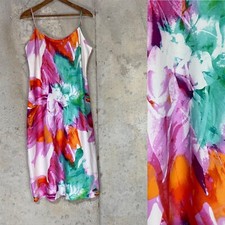 Natori bright orange pink aqua blue watercolor floral midi slip dress medium