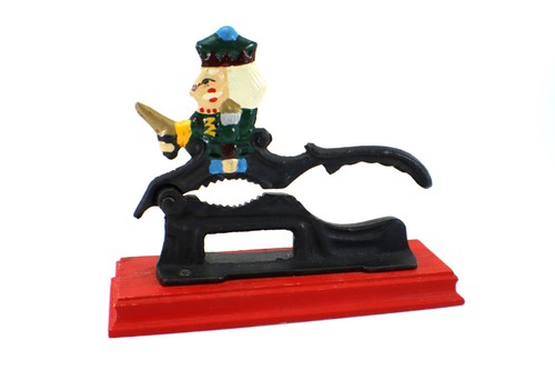 Cast Iron NUT CRACKER King on Wood Base Hand Painted Christmas Vintage