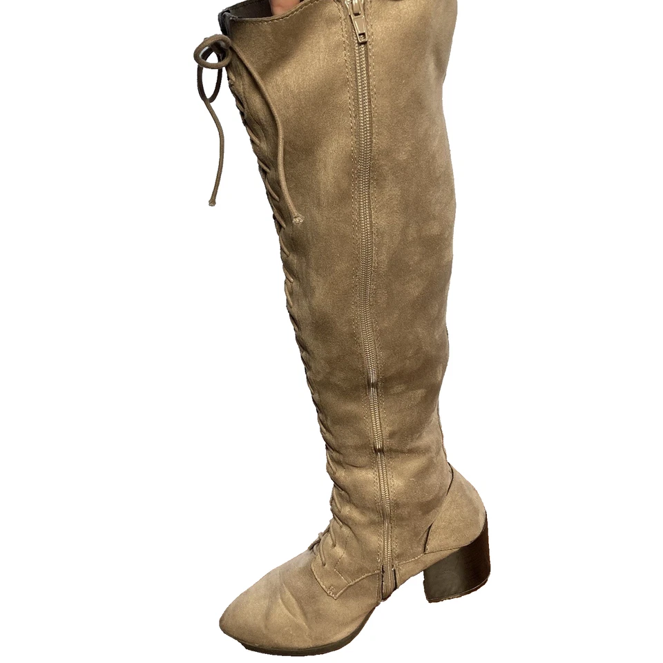 Qupid Knee High Boots Womens 9 Tall Lace Up Block Heel Over The Knee Taupe Suede - Image 2 of 4