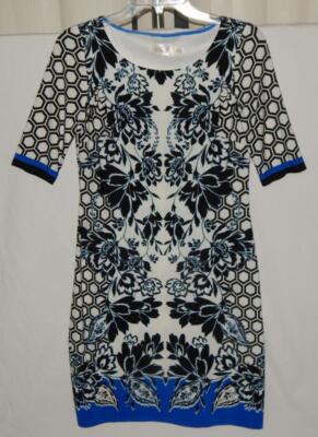 ELIZA J Women's Black Blue Floral Geometric Lined S/S Sleeve Sheath Dress Size 2