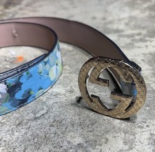 Gucci GG Supreme Blooms Blue Floral Canvas Belt Gold GG Buckle 46/115 Made Italy