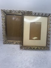 Vintage Pair Gold Filigree Metal Ornate scroll roses picture frames wall hanging
