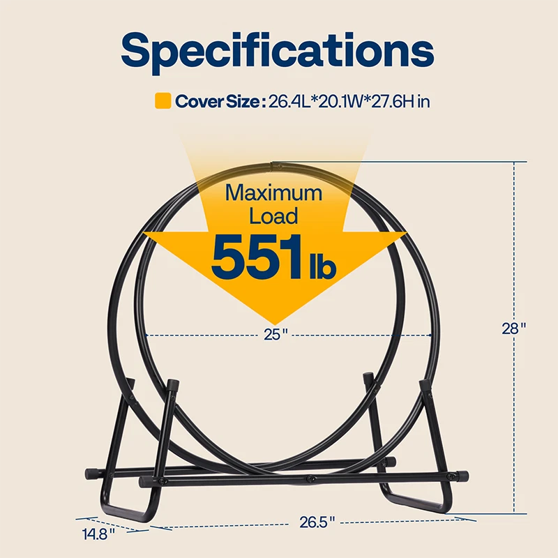 Aro para troncos de leña de 28 pulgadas con cubierta soporte para troncos de leña para exteriores resistente Foto 2 de 4